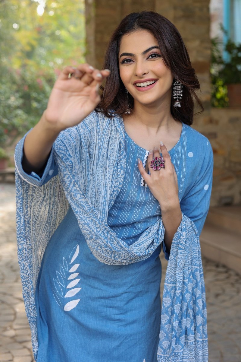 PAYAL Pestel Blue Kurta Suit Set with Petal Embroidery Detailing - Payal