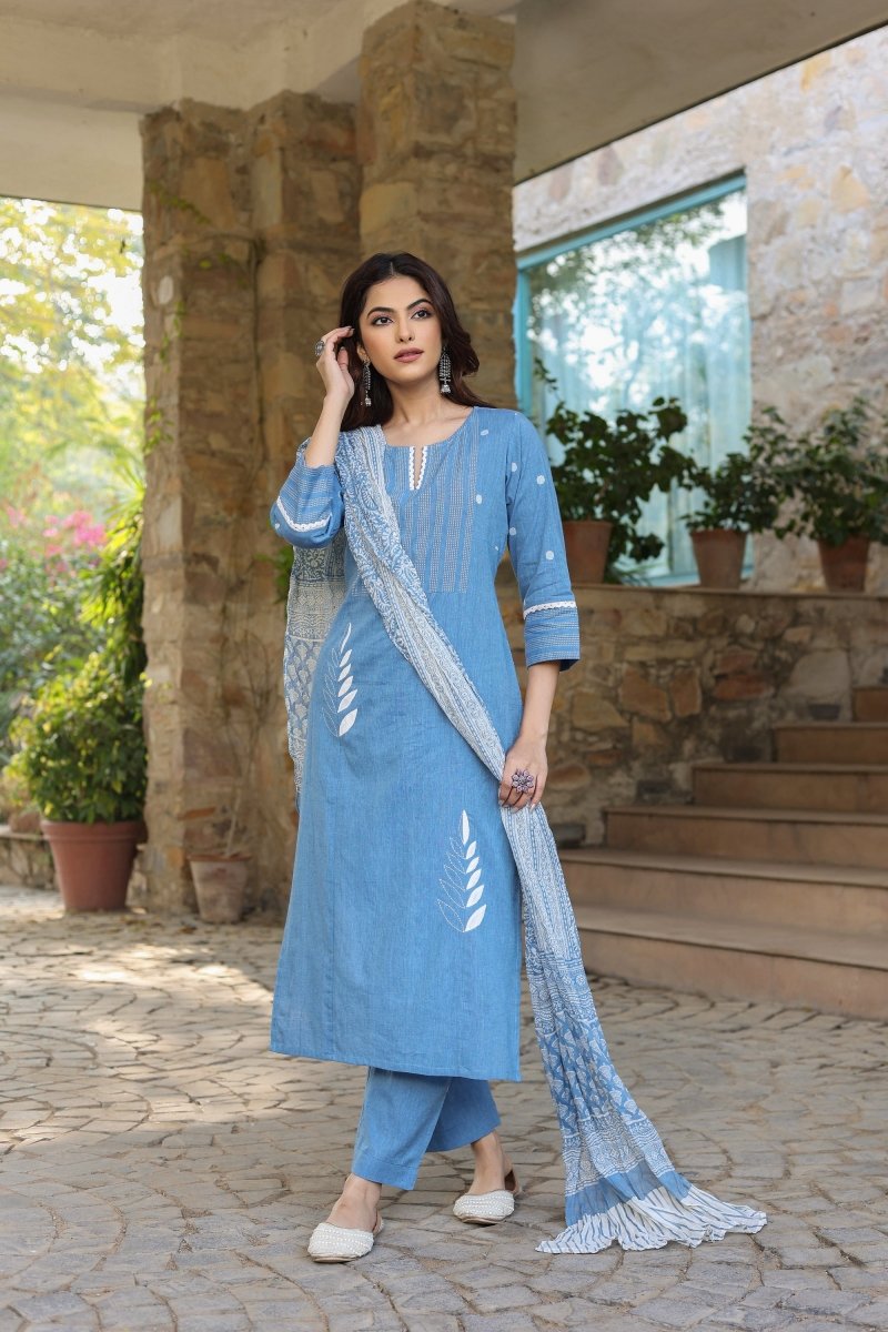 PAYAL Pestel Blue Kurta Suit Set with Petal Embroidery Detailing - Payal