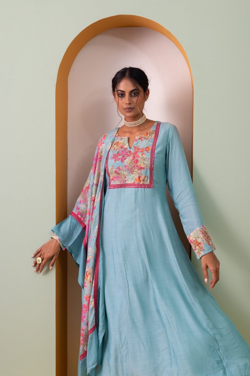 PAYAL Sky Blue Kalidar Suit Set with Subtle Hand Work