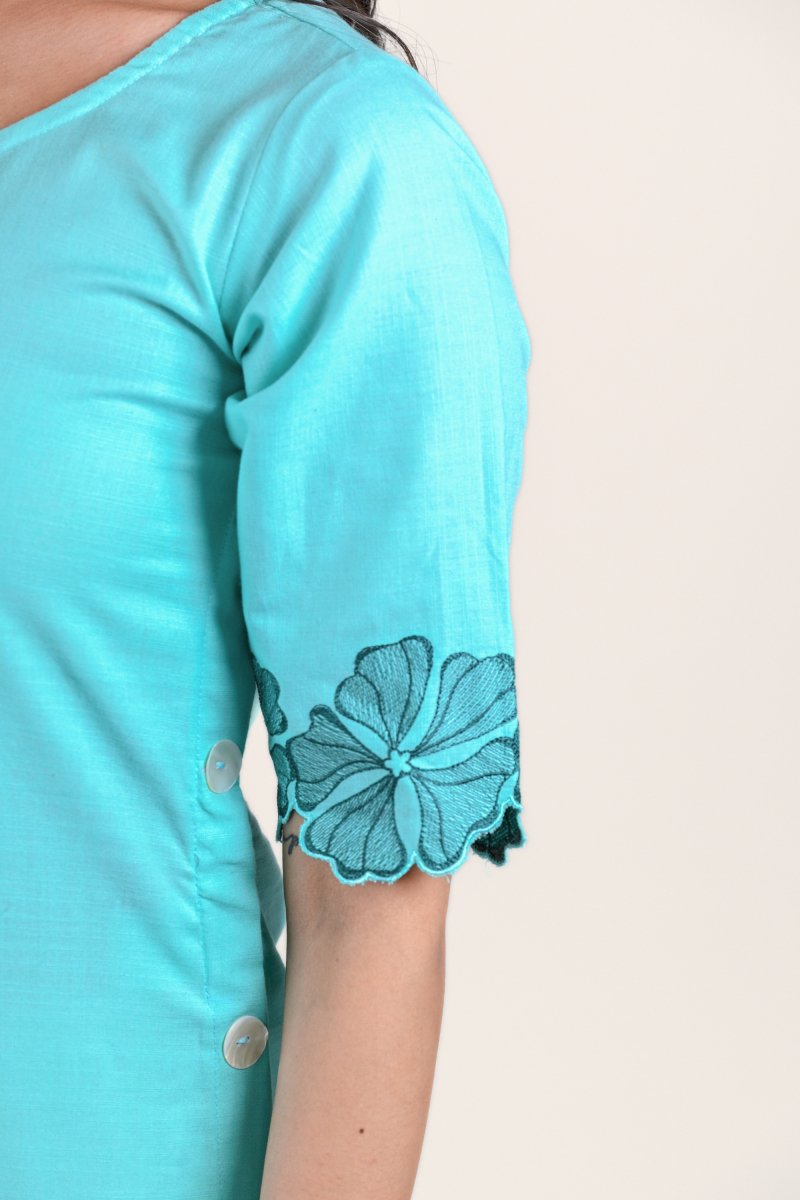 WOK Embroidered Aqua Blue Straight Kurta - Payal