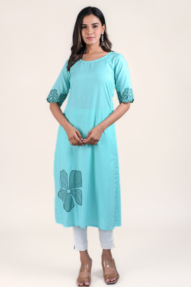 WOK Embroidered Aqua Blue Straight Kurta - Payal