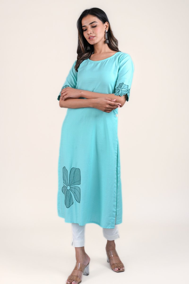 WOK Embroidered Aqua Blue Straight Kurta - Payal